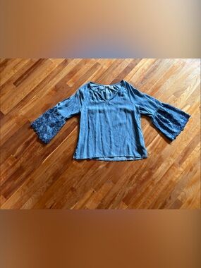 Soft Surroundings Slate Blue Lace Bell-Sleeve Top